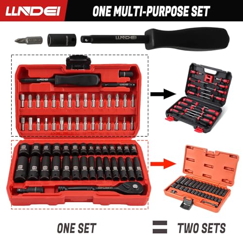 Image of LLNDEI 1 /4 inch Drive Socket Wrench Set, 1 /4-Inch Impact Socket Set Metric(4-15mm) Deep and Shallow 6 Point, CR-V, 63PCS with 72T Ratchet Wrench Handle for Household&Automotive Repairing
