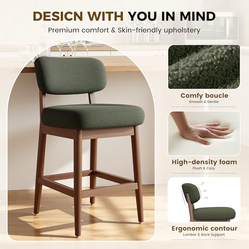 Image of Counter Height Bar Stools Set of 4, Mid-Century Modern Boucle Bar Chairs with Solid Wood Frame, Fluffy Upholstered Stools with Backrest for Kitchen Island, Home Bar, Olive Green