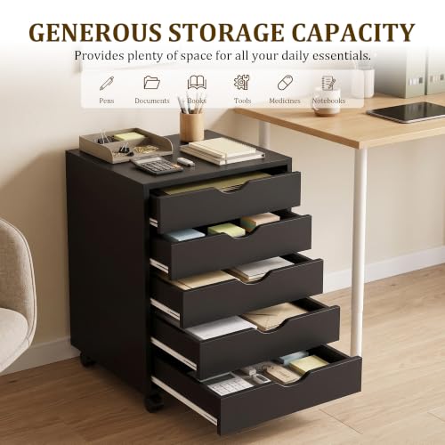 5 Drawer Chest, Under Desk Storage Mobile File Cabinet with Wheels, 5 Office Drawer for Home & Office Printer Stand, Black by Alpen - Used condition - Image 4
