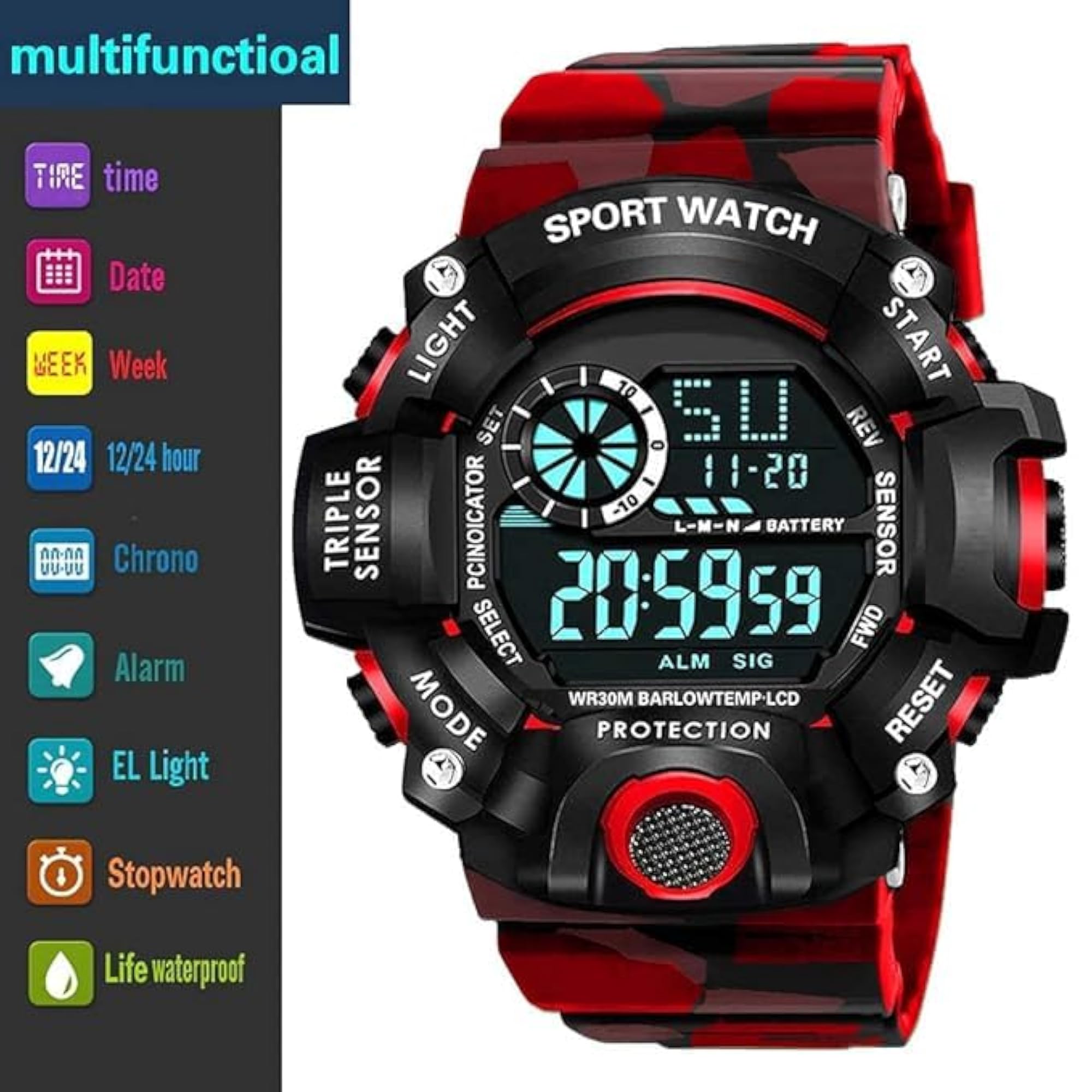 Digital Sports Watch for Boys, Red Camouflage Strap