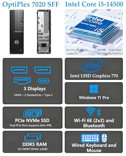 Image of Dell 2026 OptiPlex 7020 Desktop Computers for Home & Office Business, 14th Gen Intel i5-14500, 16GB DDR5, 1TB SSD, WiFi 6E, Dual Display Support, Windows 11 Pro, Compact Small Form Factor (SFF)