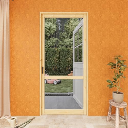 Wooden Screen Door for Exterior-Interior, 36 x 80 Inch French Solid Pine Screen Door with Handle & Hinges, 2-Panel Screen Mesh, for Front Entry, Storm, Porch, Backyard, Hallway, House Door