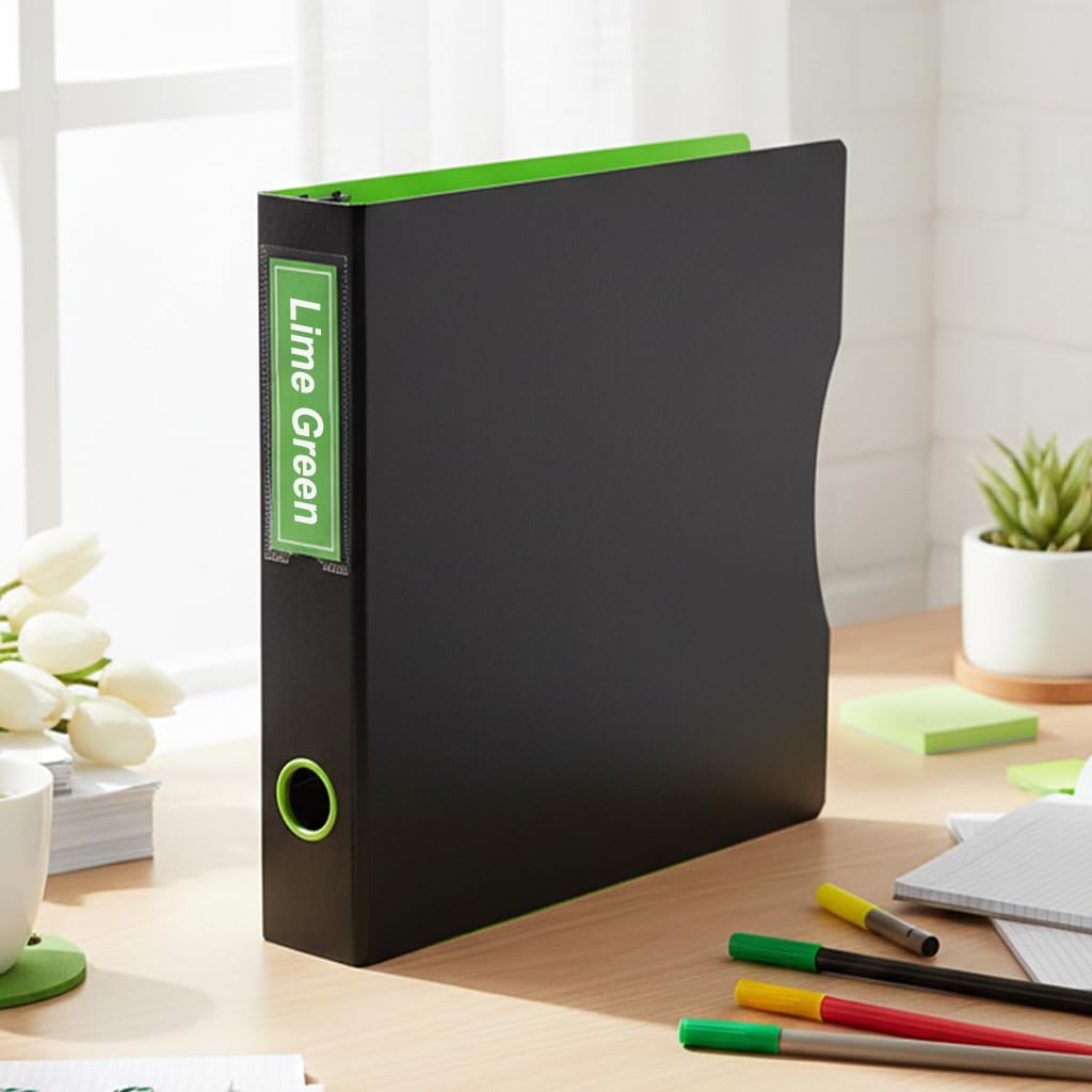 Scandinavian Style 3-Ring Binder 50% More Storage Space & Flat 8.5x11 Page Display by Keepfiling -12 Pack -Black/Lime Green