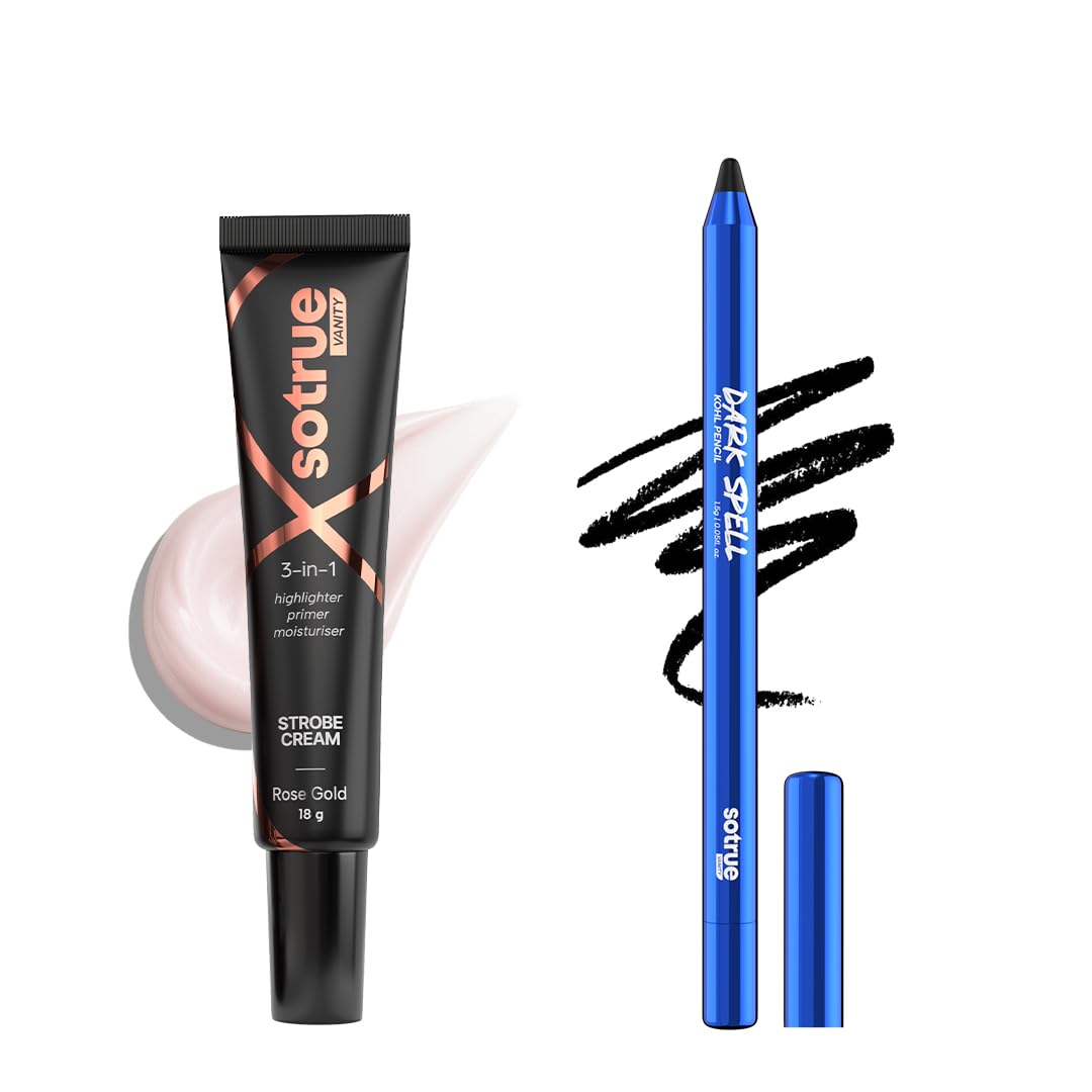 Sotrue Dark Spell Kohl Kajal + Rose Gold Radiance Multipurpose Strobe Cream Combo | 24H Smudgeproof Kajal, Instant Glow | Waterproof Eye Makeup & Hydrating Primer, Highlighter Duo (18g, Rose Gold)-image-48