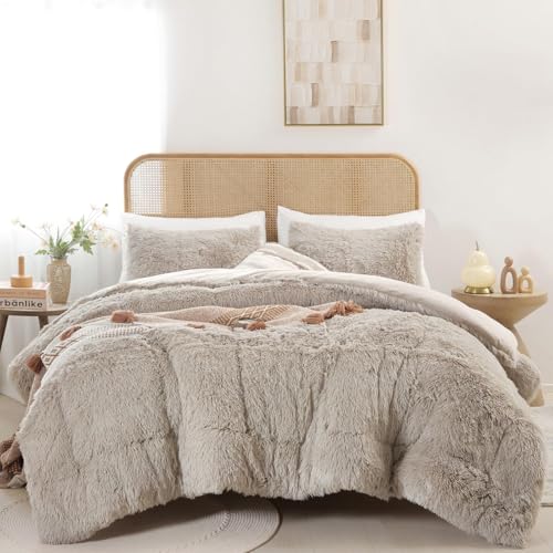 Smoofy Fluffy Queen Comforter Set, Faux Fur Fuzzy Plush Comforter, Soft Comforter Set Queen Size, Shaggy Bedding Set, 3 Pieces, 1 Comforter (90"x90") & 2 Pillow Cases (20"x26"), Oatmeal