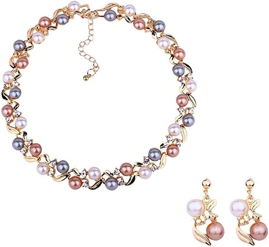 ELECDONJewellery Set for Women, Ladies Wedding Bridal Necklace Pendant Earring Set, Pearl Necklace Earring Set Ladylike Versatile Jewelry Set