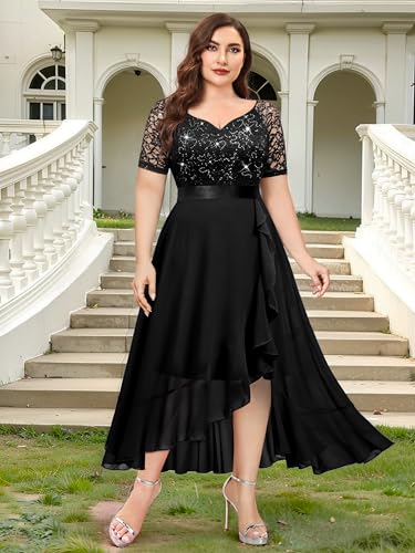 Image of Knitee Women's Plus Size Sequin Lace Sweetheart Neck Ruffled Hemline Formal Evening Maxi Dresses