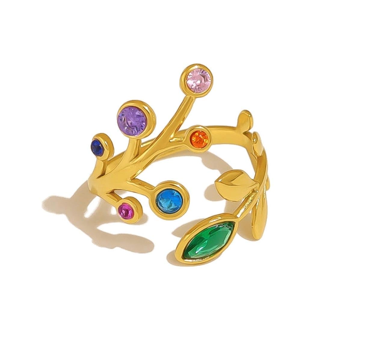 Ritu Bandi Anti Tarnish Rings for Women | 18K Gold Plated Multicolour Stone Adjustable Leaf Statement Ring | Chunky Floral Ring for Women | Anti Tarnish Jewelry-image-38