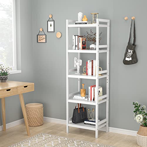 Homykic Bamboo Bookshelf, 5-Tier Narrow 55.9” Adjustable Book Shelf Bookcase Bathroom Shelves Freestanding Storage Stand For Living Room, Bedroom, Kitchen, Rust Resistance, Easy Assembly, White #TOP3