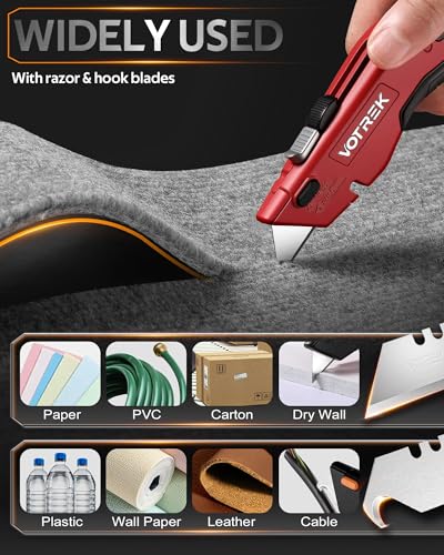 Image of VOTREK Box Cutter Utility Knife, [2-in-1] Retractable Box Cutter, Heavy Duty Safety Sharp Razor Knife for Home & Warehouse Cardboard, Carpet, [Blade Storage], with Extra Razor & Hook Blades (Red)