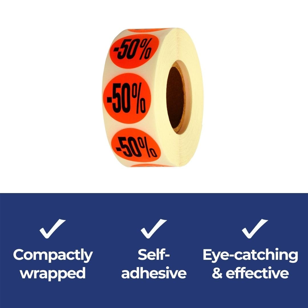 POKORNYS - Étiquettes promotionnelles « -50% » I Stickers pour marchandises à prix réduit I Lot de 2.000 autocollants de rabais en rouge vif I Adhésifs permanents, ronds, Ø 32mm