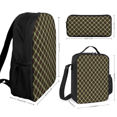 Yellow-Green Scottish Plaid Classic Backpack Lunch Bag Pencil Case 3 Piece Set Travel Daypack2