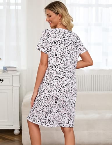 Image of ENJOYNIGHT Womens Cotton Nightgown Short Sleeve Sleepshirt Print Nightshirt | Short-Sleeve Crew Neck, Soft Cotton Fabric, Cartoon Printed Sleep Shirt, Loose Fit