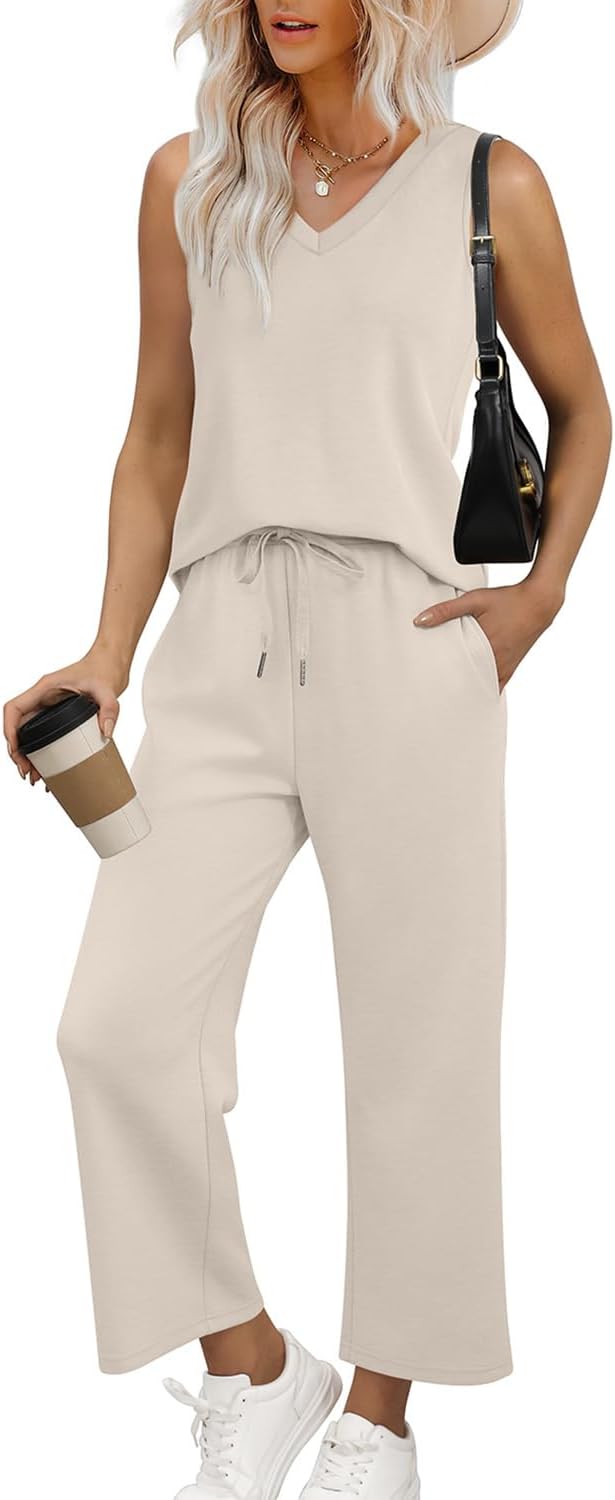 WIHOLL Two Piece Set for Women Summer Outfits Vacation Trendy Lounge Sets V Neck Matching Sets