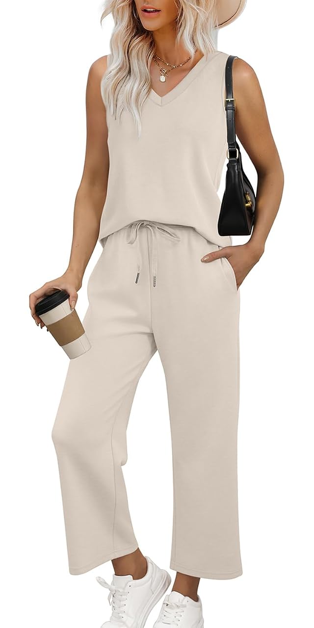 WIHOLL Two Piece Set for Women Summer Outfits Vacation Trendy Lounge Sets V Neck Matching Sets
