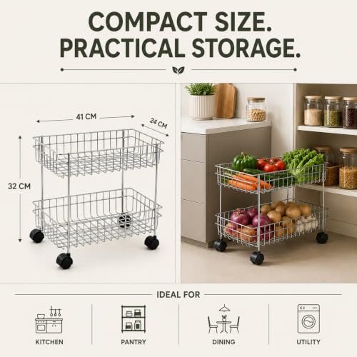 Image of TUNIS 2 Tier Stainless Steel Wire Storage Basket Trolley |Fruit & Vegetable Trolley with 360 Moving Wheels| Rack for Kitchen, Fruits, Vegetables & Grocery Storage, Movable Organizer Cart