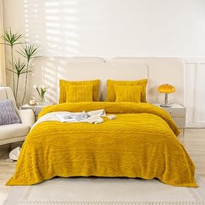 YUSOKI Sherpa Large Throw Blanket Single Layer,Light Weight(1.7lb),320GMS-3D Stylish Design for Gift Home Decor (Mustard Yellow,50"x65")
