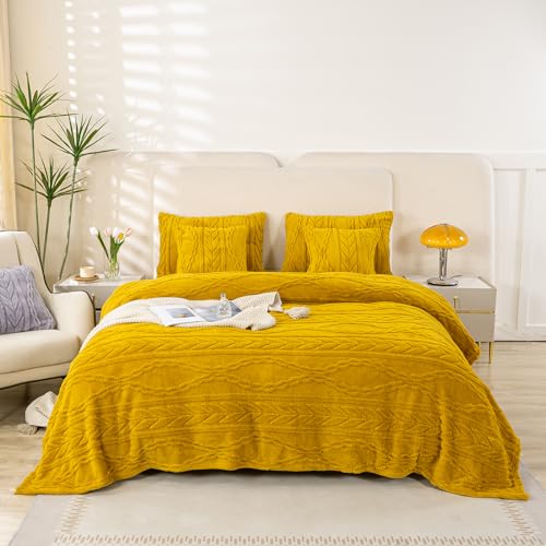 YUSOKI Sherpa Large Throw Blanket Single Layer,Light Weight(1.7lb),320GMS-3D Stylish Design for Gift Home Decor (Mustard Yellow,50"x65")