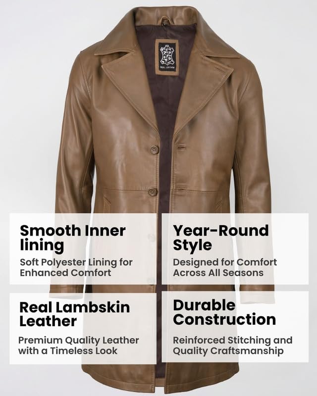 Image of Blingsoul Men's Leather Car Coat - Genuine Lambskin Long Leather Jacket for Men, Real Leather Coat with Lapel Collar