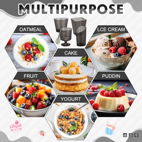 Funnymoom 300 Pack Clear Black Mini Dessert Cups with Spoons 5oz 3oz Plastic Square Slanted Parfait Appetizer Shooter Round Goblet for Dessert Table Adult Birthday Party Pudding Ice Cream Cake Yogurt by Funnymoom - Image 4