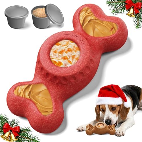 3-in-1 Enrichment Dog Toy for Aggressive Chewers, Frozen Treat Toy & Interactive Treat Dispenser with Peanut Butter Grooves, Long Lasting Chew Toy for Large Dogs, Easy to Clean, Red