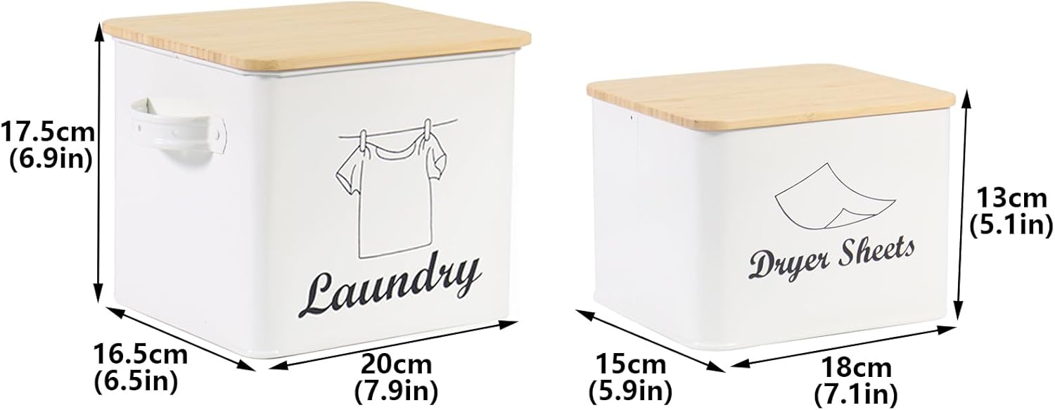 Set of Laundry Powder Bin & Dryer Sheets Holder, Laundry Detergent Powder Storage Box with Scoop, Wooden Lid & Handles, Metal Laundry Dryer Sheet Dispenser for Laundry Room Decor- Cream White