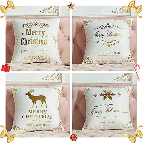 Natale Cuscini Federa 4 Confezioni,Oro Bianco Federa Natalizi Cotone Buon Natale per Divani Decorativo Cuscino Decorazioni Natalizie Divano 45x45cm