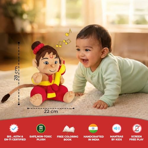 Image of Panda's Box Mantra Chanting Baby Hanuman | As Seen on Shark Tank | Musical Soft Plush Toy | Non-Toxic, Safe| Best Birthday Gift for Newborn Kids (Boys, Girls) | Free Colouring Book | Medium 28 CM