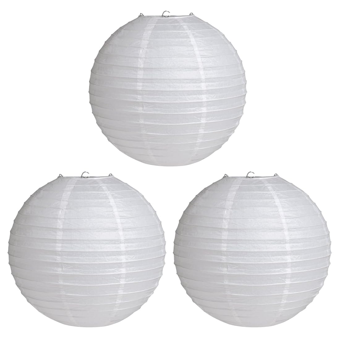 MYGLOAR Set di 3 lanterne rotonde bianche di carta per paralume, paralume rotondo a coste in carta di bambù bianca, da appendere per matrimoni, soffitti, pompon di corallo, lanterna cinese 20 cm