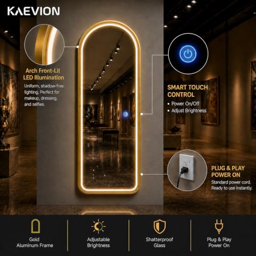 Image of 5 x 2 ft Arched Full-Length LED Mirror 5mm Glass, 3-in-1 Dimmable LED Light, Smart Touch Sensor, Gold Metal Frame Vanity Standing Mirror for Bedroom, Living Room & Dressing Room