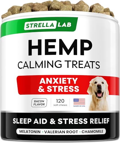 STRELLALAB Vet Formulated Hemp Calming Chews for Dogs – Anxiety Relief Calming Treats – Advanced Melatonin Pet Calm – Natural Sleep Aid & Stress, Separation Anxiety Relief – 120 Treats – Bacon STRELLALAB Vet Formulated Hemp Calming Chews for Dogs – Anxiety Relief Calming Treats – Advanced Melatonin Pet Calm – Natural Sleep Aid & Stress, Separation Anxiety Relief – 120 Treats – Bacon