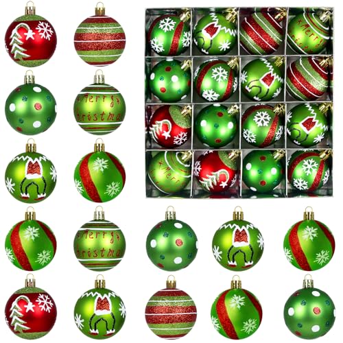 Grinch Christmas Baubles for Christmas Tree Decorations 16 Pcs Xmas Tree Decorations with Red and Green Baubles 6 CM Hanging Grinch Bauble Ornaments Set for Xmas Party Home Decoration