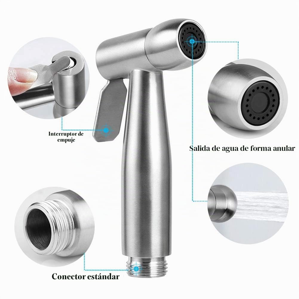 Kit de ducha para inodoro y aseo higiénico, kit de ducha Pulido con válvula de 3 vías (1/2"-3/8") - Ducha para higiene íntima (Plata)