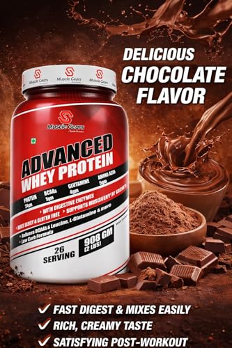 Image of Muscle Gears Advanced Whey Protein | 24g Protein | 5.4g BCAAs | 4g Glutamine | 5g Amino Acids | Digestive Enzymes Blend | Cookies & Cream Flavor | Gluten Free | 2 LBS (908g)