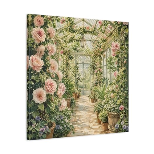 Toile florale serre rose et verte grand format 60x60 style rétro