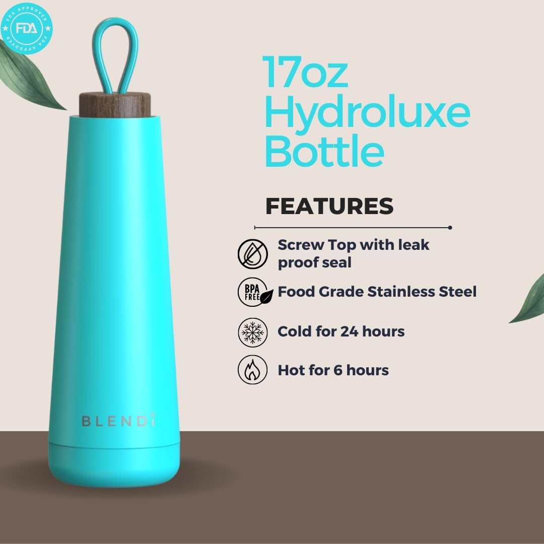 Slim Hydroluxe 17oz Water Bottle - Eco-Friendly, BPA Free, 18/8 Powder Coated Stainless Steel, 24 hour Cold Insulating Technology, Leak Proof Lid - Great for Gym, Office, Travel (Mint) by Blendi