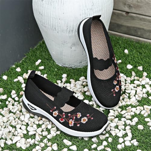 Womens Soft Sole Mesh Shoes Breathable Slip On Orthopedic Tennis Shoes Floral Print Dressy Mary Jane Loafers Walking4