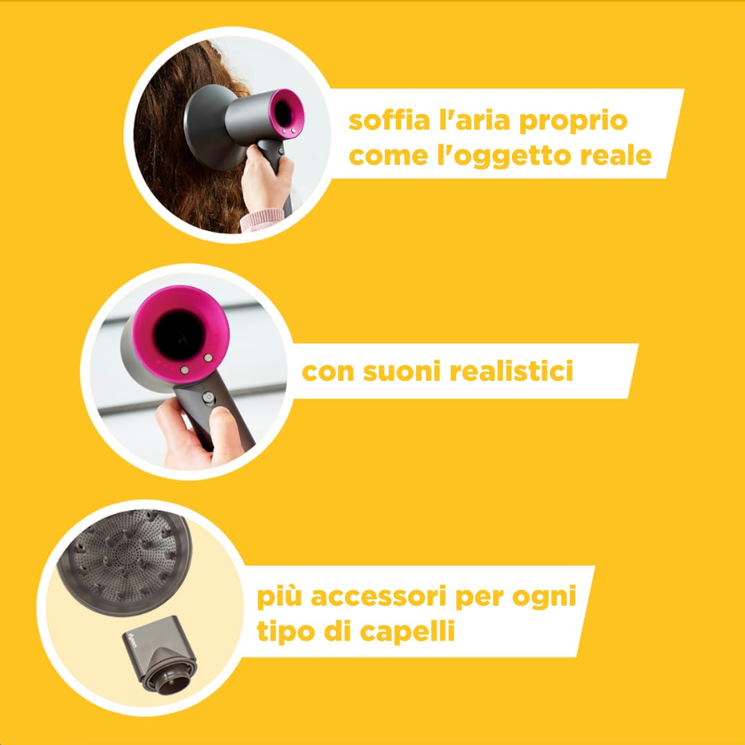 Casdon Dyson 73252 - Set di asciugacapelli Giocattolo interattivo per Bambini dai 3 Anni in su, Sembra e Funziona Come la Cosa Reale, Grigio, Taglia Unica