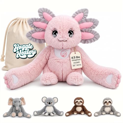 Huggle Healers Animaux en peluche lestés pour adultes, adolescents et enfants – Bras en peluche rose de 91,4 cm de long pour câlins – Peluches axolotl de 2,04 kg – Ula Axolotl