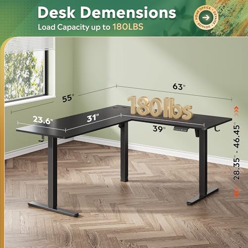 Image of DEVAISE 63 Inch L Shaped Electric Standing Desk, 3 Adjustable Computer Desk for Home Office, Ergonomic Sit to Stand Desk with LED Touchscreen,Headphone Hook, 3 Memory Preset, with Split Top, Maple