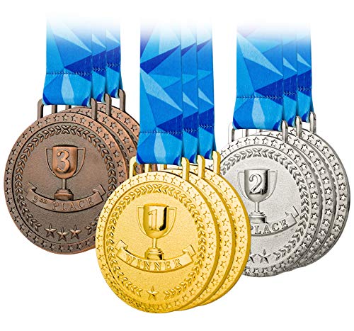 Premium Award Medals, Olympic Style, Gold Silver Bronze (Bulk Set of 9), Metal and Ribbon, Prize for Events, Classrooms, or Office Games, 1st 2nd 3rd Place