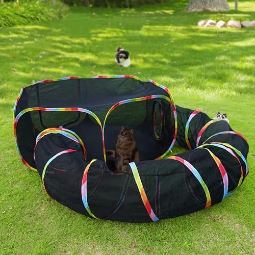 Outdoor Cat Tunnel & Play Tent Rainbow Coloured Black Nylon Scratch-resistant Material Mesh Enclosure with Tunnel for Cats play and Rest outdoor also suitable for puppies other small pets