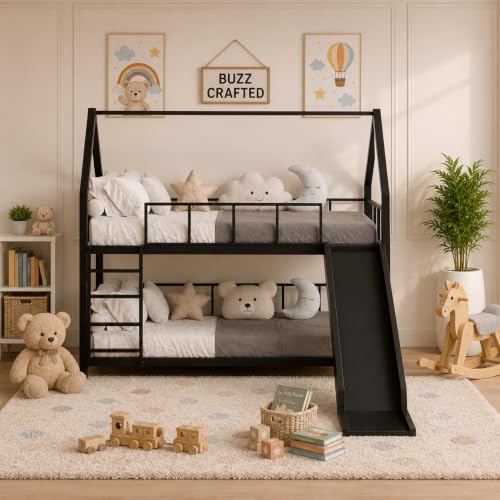Image of Metal Bunk Bed for Kids & Adults,Twin Over Twin Double Decker BunkBed for Bedroom,House shape Bed,Heavy Duty Space Saving Steel Bed with Ladder & Safety Guard Rails,Childbed, KidsBunk Bed for Bedroom