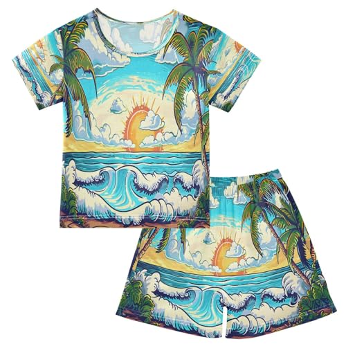 senya Short Sleeve Pajamas Sets Summer Cotton Sleepwear Cartoons Depict Palm Trees