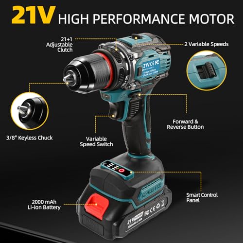 21V Cordless Power Drill/Driver Set, Electric Power Drill Set with 2 Battery & Charger, 3/8” Keyless Chuck, 2 Variable Speed, 28-Piece Kit Power Drill Drivers for Home Use - Thumbnail 3