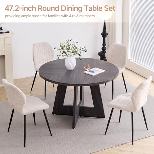 Image of 47 inch Round Dining Table Set for 4, Kitchen Table and Chairs | Wooden Cross Base, Boucle Fabric Chair, for Apartment