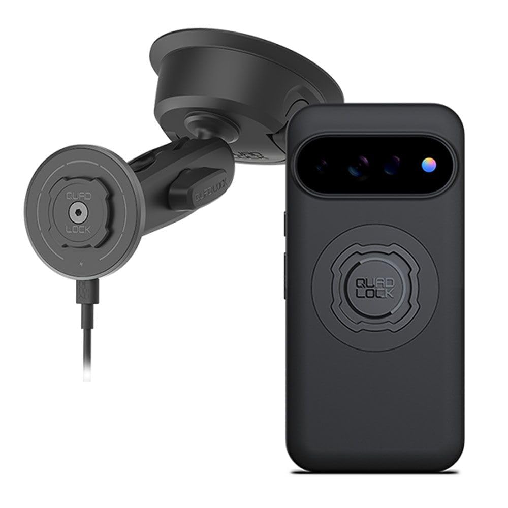 Quad Lock Wytrzymały uchwyt samochodowy na telefon z przyssawką z etui MAG i bezprzewodową głowicą ładującą MAG do Pixel 11 Pro XL