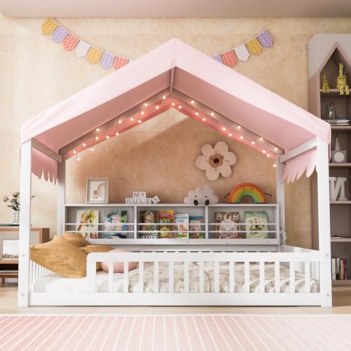 Image of Full Size Wooden Floor Bed for Kids,House-Shaped Daybed with Fense,3 Storage Bookshelves,Curtain and LED Light (White+Pink6)