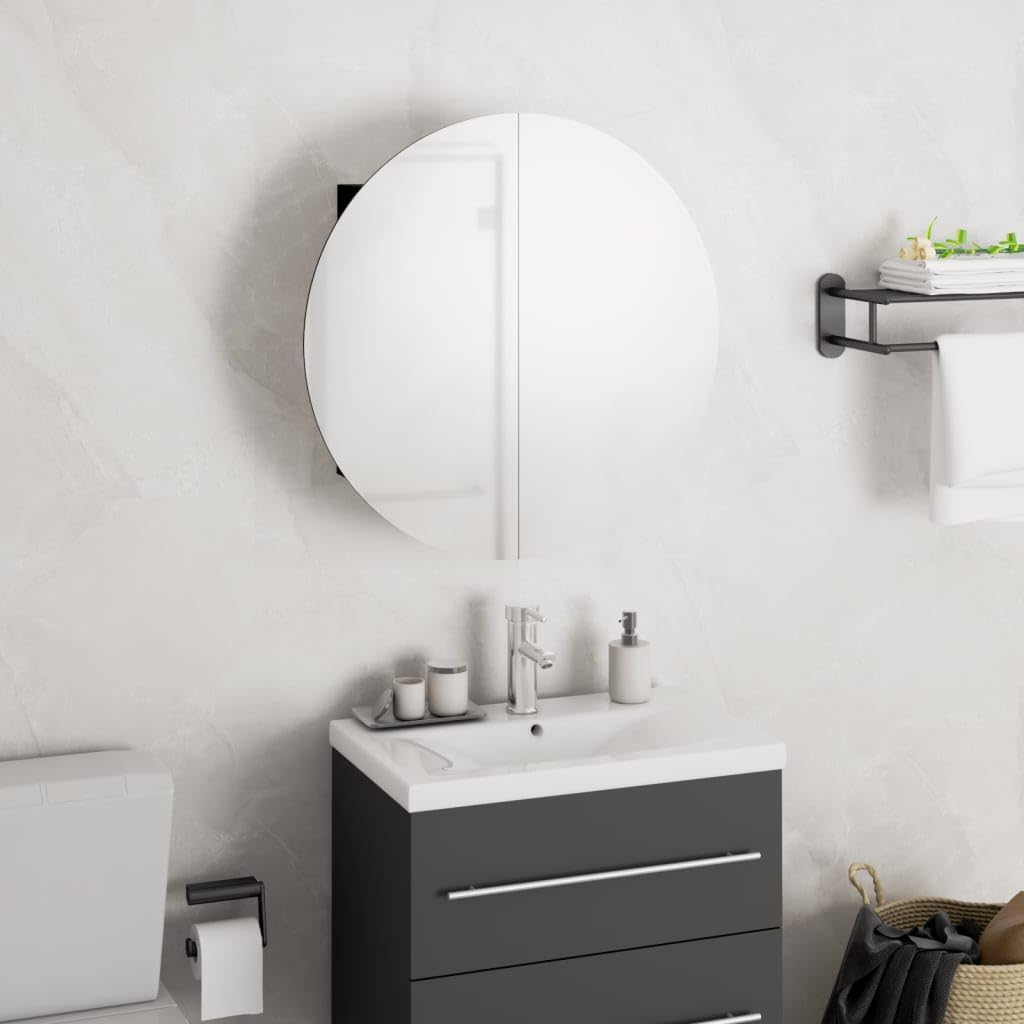 Wall Mounted Bathroom Cabinet, Black Engineered Wood, Round Mirror, LED Lighting, 15.7x15.7x15.7 in, Small Restroom Vanity, Modern Storage for Bathroom Essentials