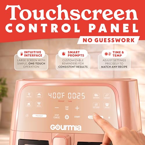 Image of Gourmia 8 Qt Air Fryer, 8 Presets with Digital Display, FryForce 360 Technology, Easy View Window & Interior Light, Dishwasher Safe Basket, Peach